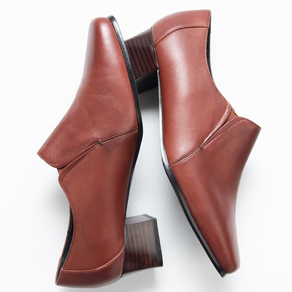 David Tate Bootie Stacked Block Heel Leather Boot Square Toe Size 7 WW Wide - Picture 4 of 9